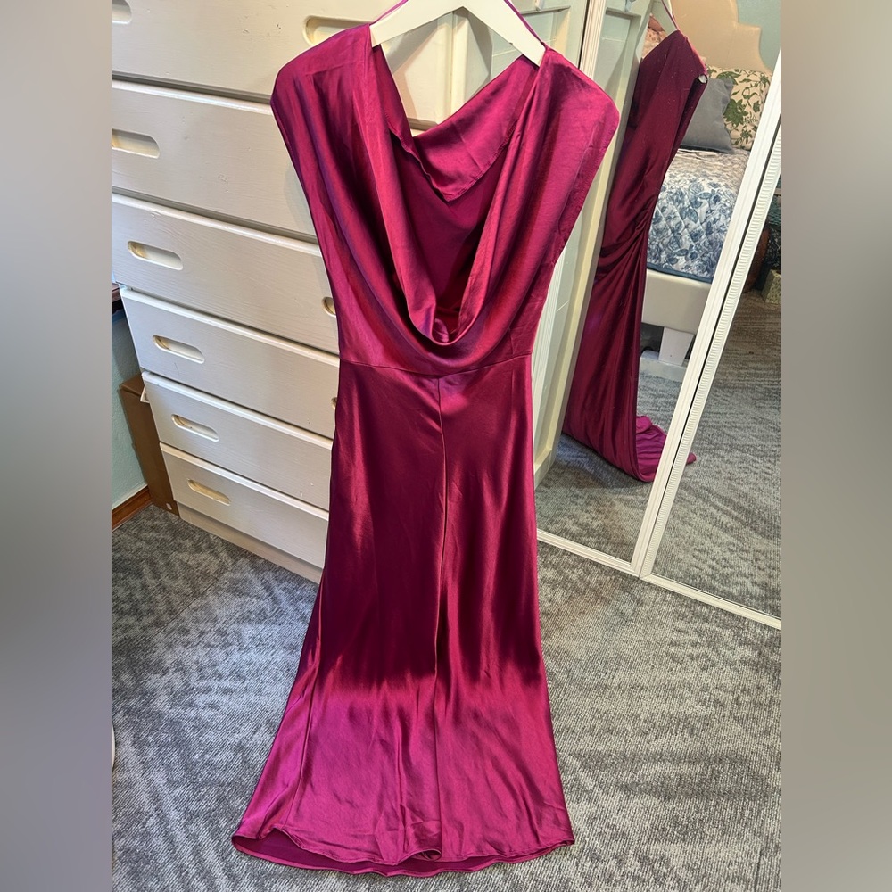 Elegant Satin Cap Sleeve Cowl Back Ruched Waist Wedding Guest Midi Dress Gown✨ - Picture 6 of 7